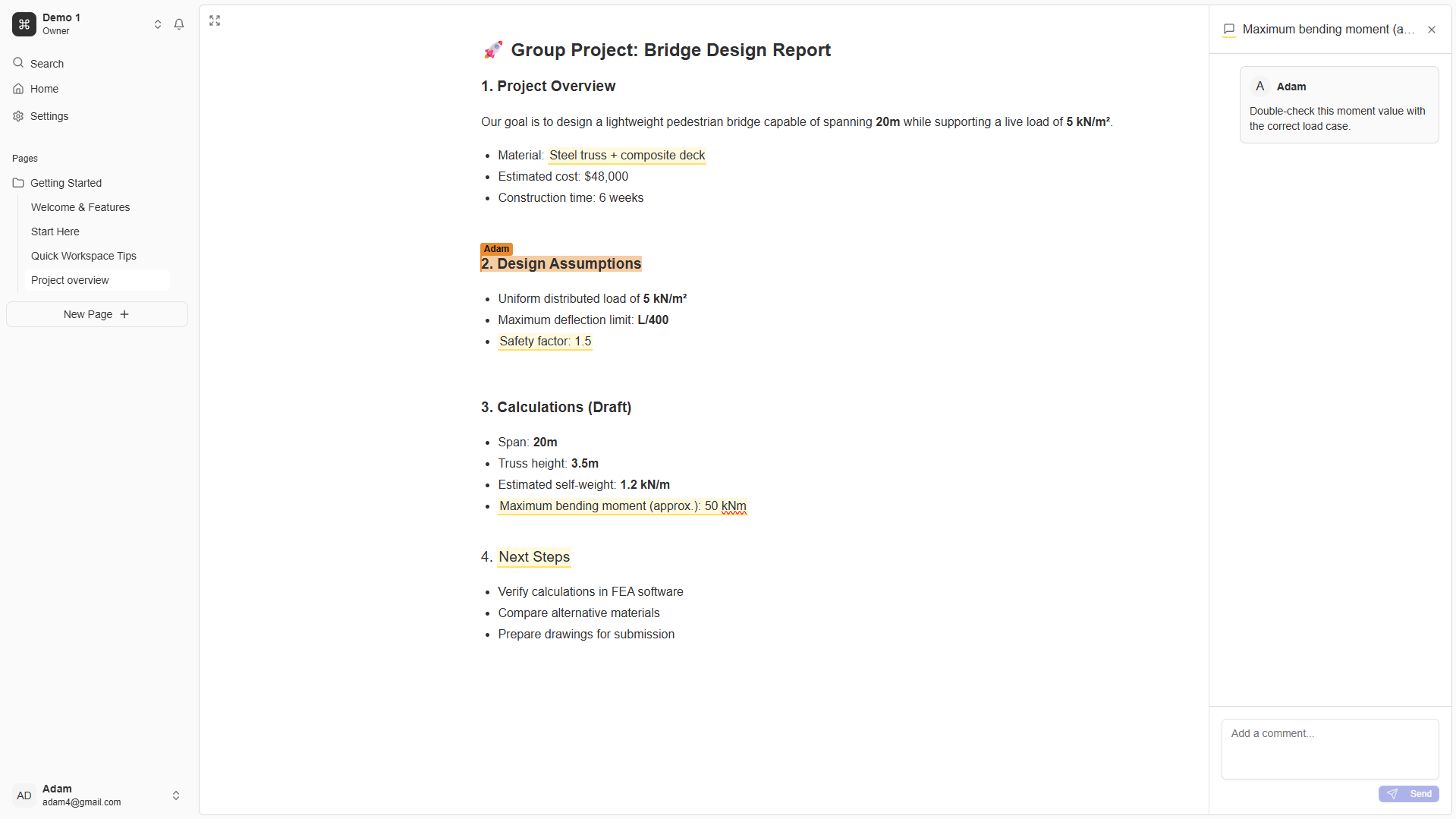 Rich-text note document with inline comments highlighted